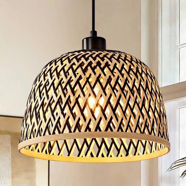 HARPER LIVING Easy Fit Pendant Light Shade, Handwoven Bamboo Shade with Reducer Ring, Black & Natural Colour, 28cm E27/B22