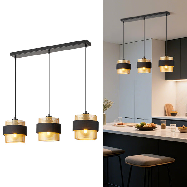 HARPER LIVING 3-Light Pendant Light, Kitchen Island Lighting - Black Fabric & Gold Mesh Metal Shade - Dining Room