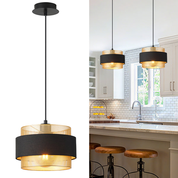 HARPER LIVING Modern Pendant Ceiling Light, Black Fabric & Gold Mesh Metal Shade, 122cm Height Adjustable Hanging Light