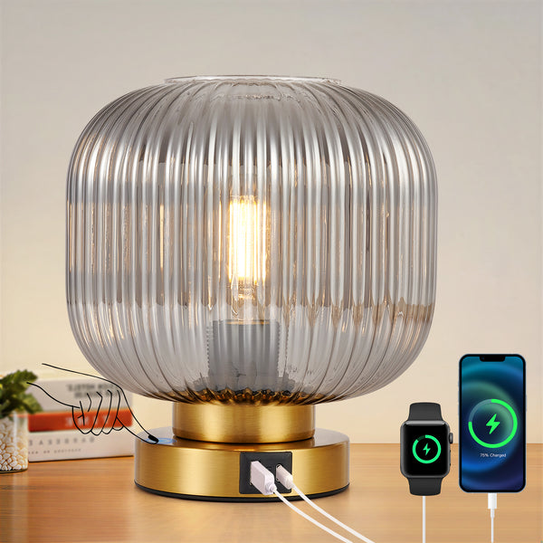 HARPER LIVING Table Lamp with USB-C & USB-A Charging Ports, Touch Control Dimmable E27 Desk Lamp, Smoked Glass Shade