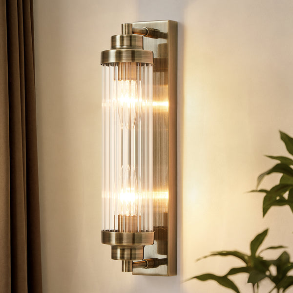 HARPER LIVING 2-Light Wall Light Antique Brass, IP44 Vintage Double E14 Wall Sconce Lights with Glass Shades