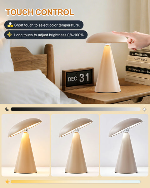 HARPER LIVING Rechargeable Table Lamp, Magnetic Touch Mushroom Bedside Light Dimmable, Portable Desk Lamp, Matt Khaki