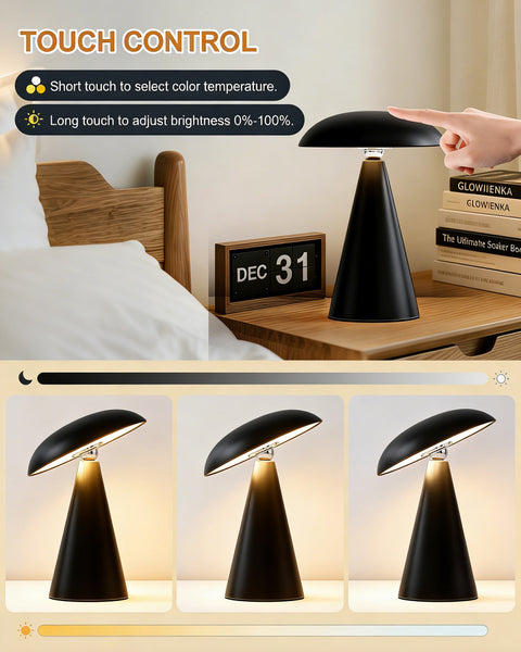 HARPER LIVING Rechargeable Table Lamp, Magnetic Touch Mushroom Bedside Light Dimmable, Portable Desk Lamp, Matt Black