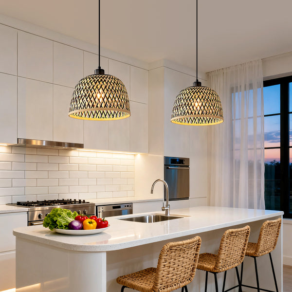 HARPER LIVING Easy Fit Pendant Light Shade, Handwoven Bamboo Shade with Reducer Ring, Black & Natural Colour, 28cm E27/B22