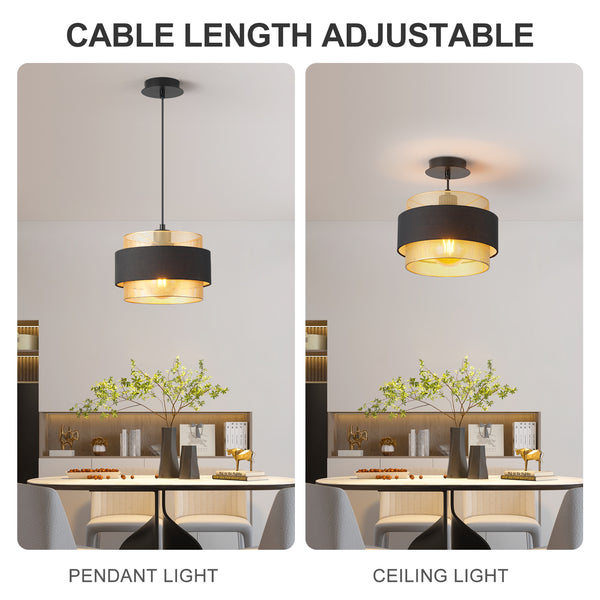 HARPER LIVING Modern Pendant Ceiling Light, Black Fabric & Gold Mesh Metal Shade, 122cm Height Adjustable Hanging Light
