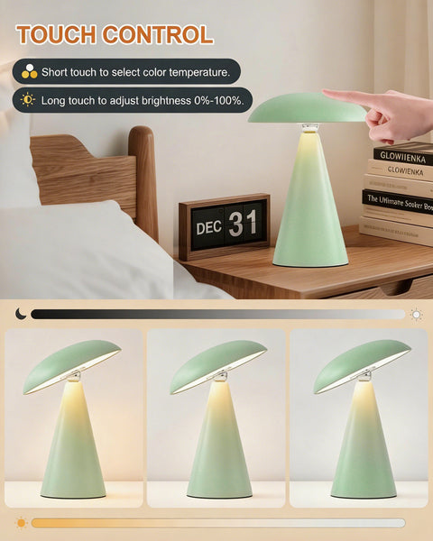HARPER LIVING Rechargeable Table Lamp, Magnetic Touch Mushroom Bedside Light Dimmable, Portable Desk Lamp, Matt Light Green