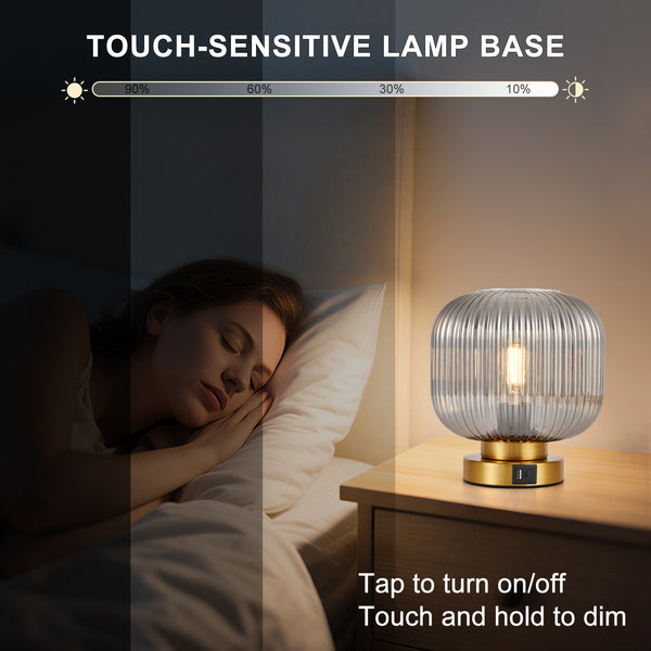 HARPER LIVING Table Lamp with USB-C & USB-A Charging Ports, Touch Control Dimmable E27 Desk Lamp, Smoked Glass Shade