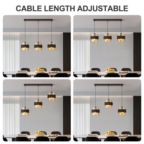 HARPER LIVING 3-Light Pendant Light, Kitchen Island Lighting - Black Fabric & Gold Mesh Metal Shade - Dining Room