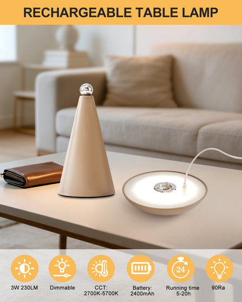 HARPER LIVING Rechargeable Table Lamp, Magnetic Touch Mushroom Bedside Light Dimmable, Portable Desk Lamp, Matt Khaki