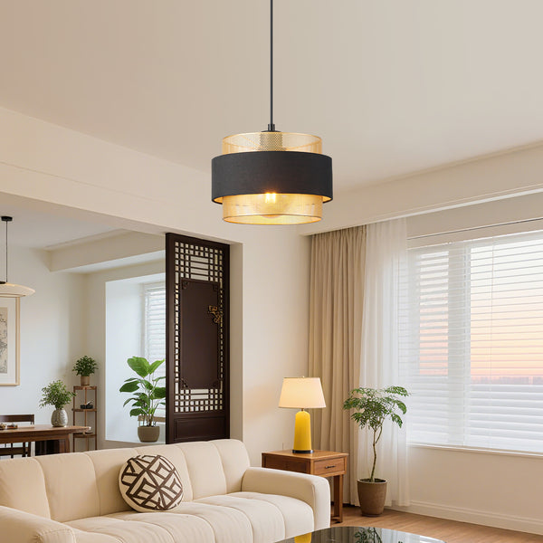 HARPER LIVING Modern Pendant Ceiling Light, Black Fabric & Gold Mesh Metal Shade, 122cm Height Adjustable Hanging Light