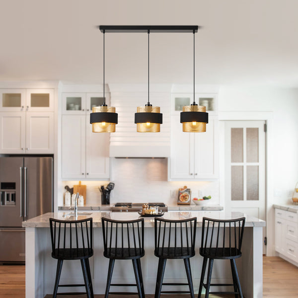 HARPER LIVING 3-Light Pendant Light, Kitchen Island Lighting - Black Fabric & Gold Mesh Metal Shade - Dining Room