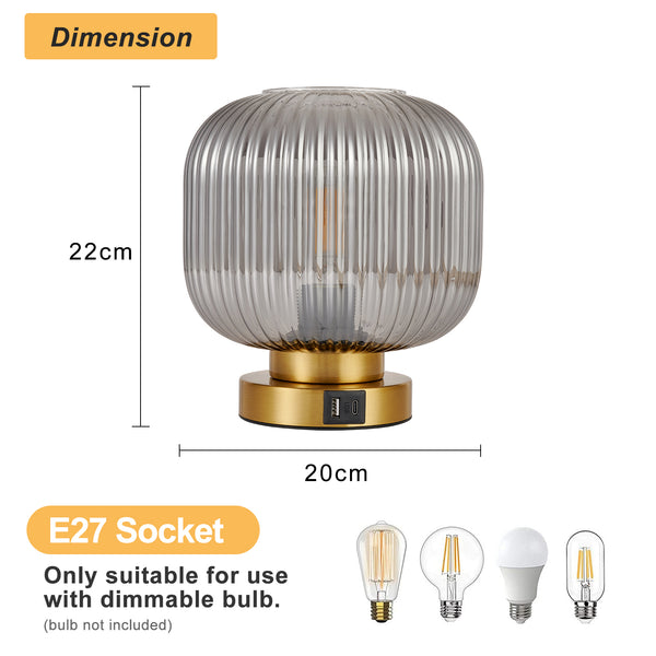 HARPER LIVING Table Lamp with USB-C & USB-A Charging Ports, Touch Control Dimmable E27 Desk Lamp, Smoked Glass Shade
