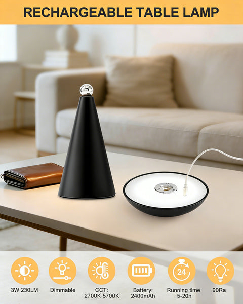 HARPER LIVING Rechargeable Table Lamp, Magnetic Touch Mushroom Bedside Light Dimmable, Portable Desk Lamp, Matt Black
