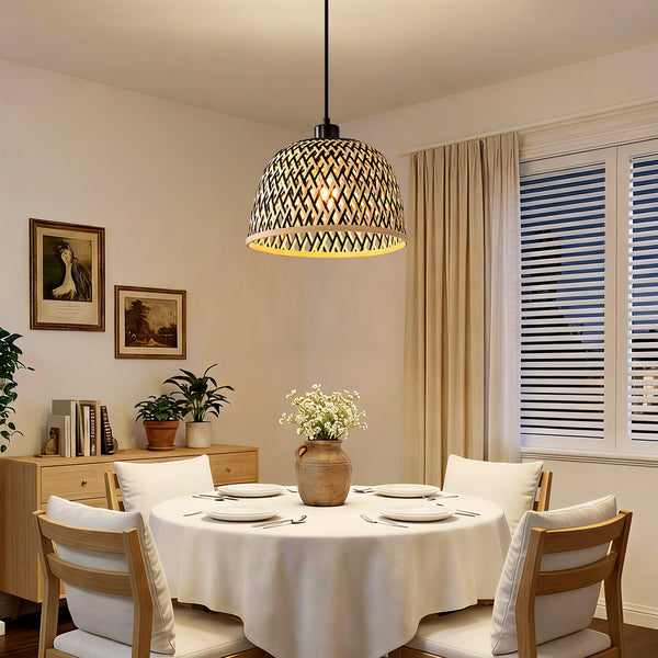 HARPER LIVING Easy Fit Pendant Light Shade, Handwoven Bamboo Shade with Reducer Ring, Black & Natural Colour, 28cm E27/B22