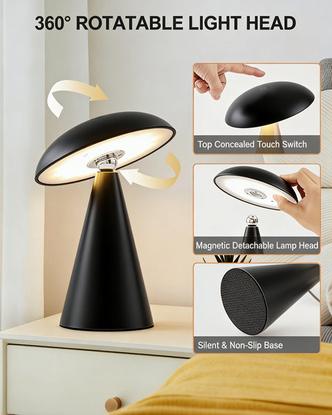 HARPER LIVING Rechargeable Table Lamp, Magnetic Touch Mushroom Bedside Light Dimmable, Portable Desk Lamp, Matt Black