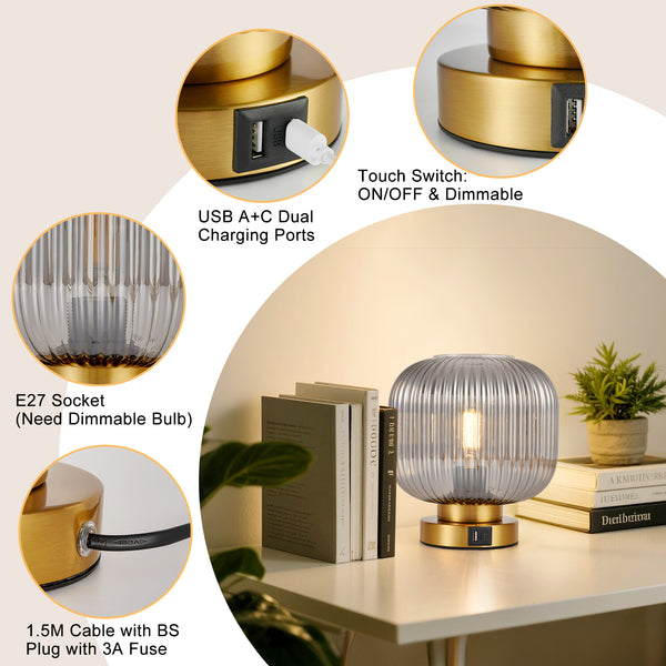 HARPER LIVING Table Lamp with USB-C & USB-A Charging Ports, Touch Control Dimmable E27 Desk Lamp, Smoked Glass Shade