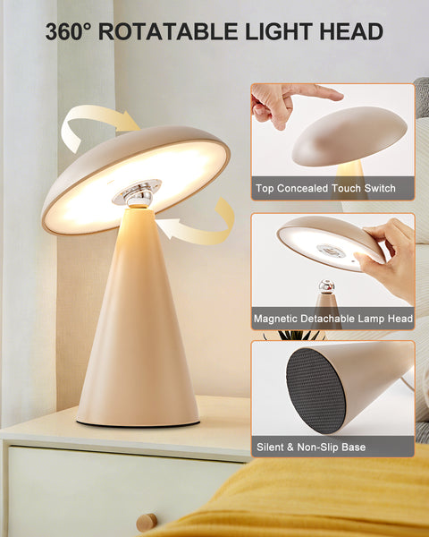 HARPER LIVING Rechargeable Table Lamp, Magnetic Touch Mushroom Bedside Light Dimmable, Portable Desk Lamp, Matt Khaki