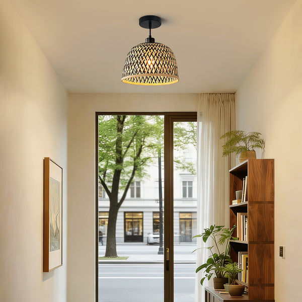 HARPER LIVING Easy Fit Pendant Light Shade, Handwoven Bamboo Shade with Reducer Ring, Black & Natural Colour, 28cm E27/B22