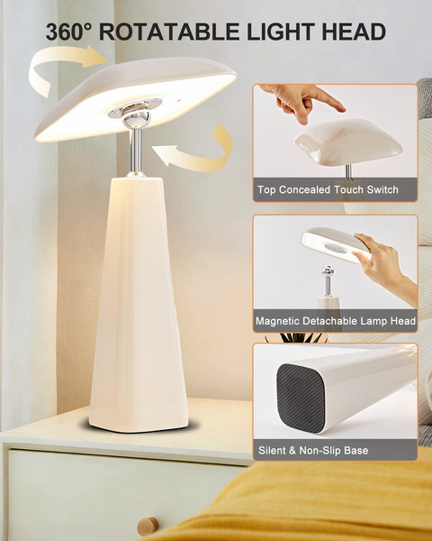HARPER LIVING Rechargeable Table Lamp, Magnetic Touch Mushroom Bedside Light Dimmable, Portable Desk Lamp, Light Apricot