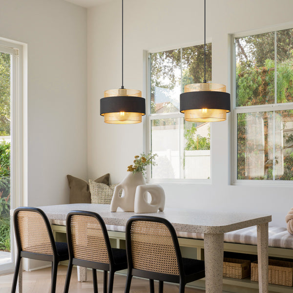 HARPER LIVING Modern Pendant Ceiling Light, Black Fabric & Gold Mesh Metal Shade, 122cm Height Adjustable Hanging Light