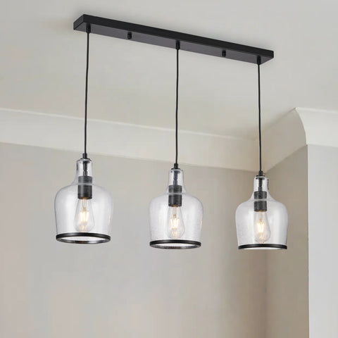 HARPER LIVING 3-Light Pendant Ceiling Light, Modern Matte Black Island Ceiling Light with Bubbles Glass Shades