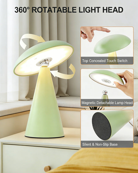 HARPER LIVING Rechargeable Table Lamp, Magnetic Touch Mushroom Bedside Light Dimmable, Portable Desk Lamp, Matt Light Green