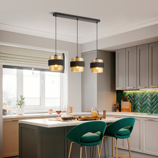 HARPER LIVING 3-Light Pendant Light, Kitchen Island Lighting - Black Fabric & Gold Mesh Metal Shade - Dining Room