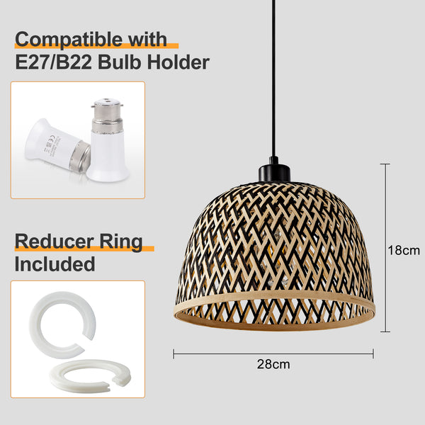 HARPER LIVING Easy Fit Pendant Light Shade, Handwoven Bamboo Shade with Reducer Ring, Black & Natural Colour, 28cm E27/B22