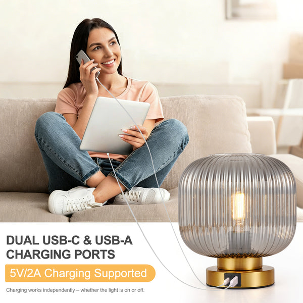 HARPER LIVING Table Lamp with USB-C & USB-A Charging Ports, Touch Control Dimmable E27 Desk Lamp, Smoked Glass Shade