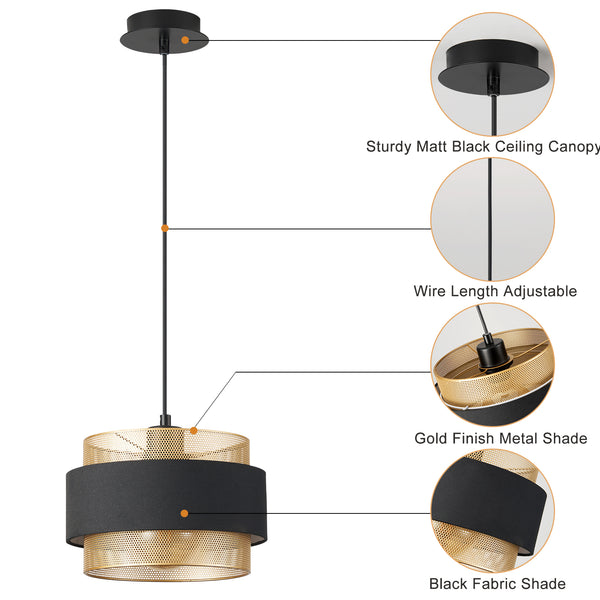 HARPER LIVING Modern Pendant Ceiling Light, Black Fabric & Gold Mesh Metal Shade, 122cm Height Adjustable Hanging Light
