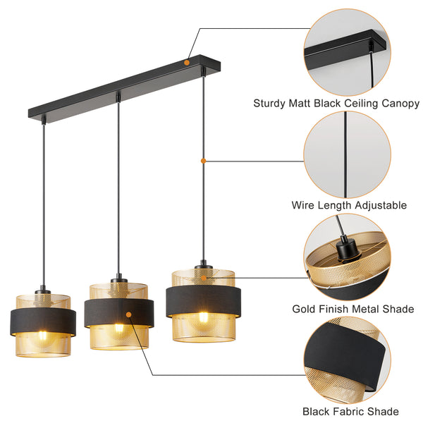 HARPER LIVING 3-Light Pendant Light, Kitchen Island Lighting - Black Fabric & Gold Mesh Metal Shade - Dining Room