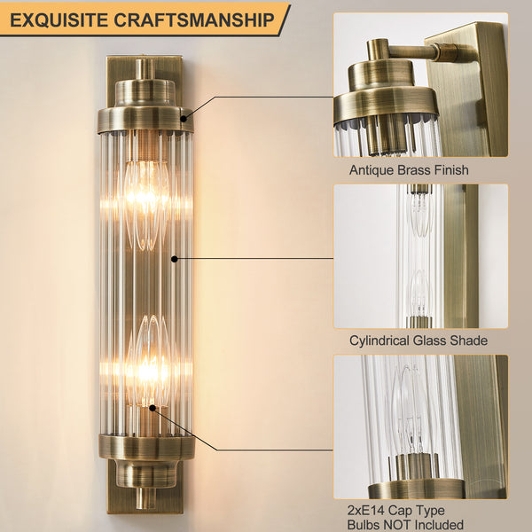 HARPER LIVING 2-Light Wall Light Antique Brass, IP44 Vintage Double E14 Wall Sconce Lights with Glass Shades