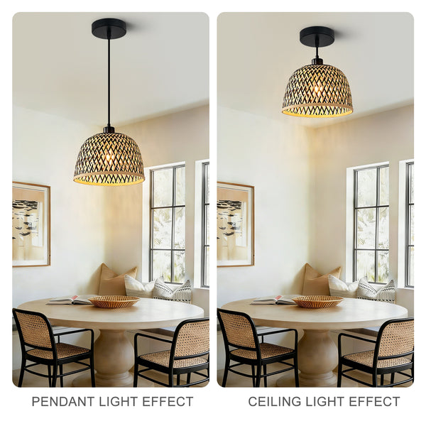 HARPER LIVING Easy Fit Pendant Light Shade, Handwoven Bamboo Shade with Reducer Ring, Black & Natural Colour, 28cm E27/B22