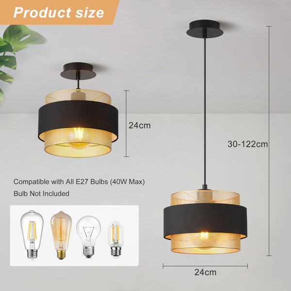 HARPER LIVING Modern Pendant Ceiling Light, Black Fabric & Gold Mesh Metal Shade, 122cm Height Adjustable Hanging Light