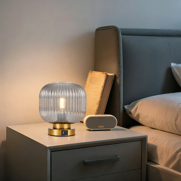 HARPER LIVING Table Lamp with USB-C & USB-A Charging Ports, Touch Control Dimmable E27 Desk Lamp, Smoked Glass Shade