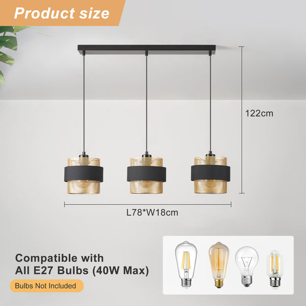 HARPER LIVING 3-Light Pendant Light, Kitchen Island Lighting - Black Fabric & Gold Mesh Metal Shade - Dining Room