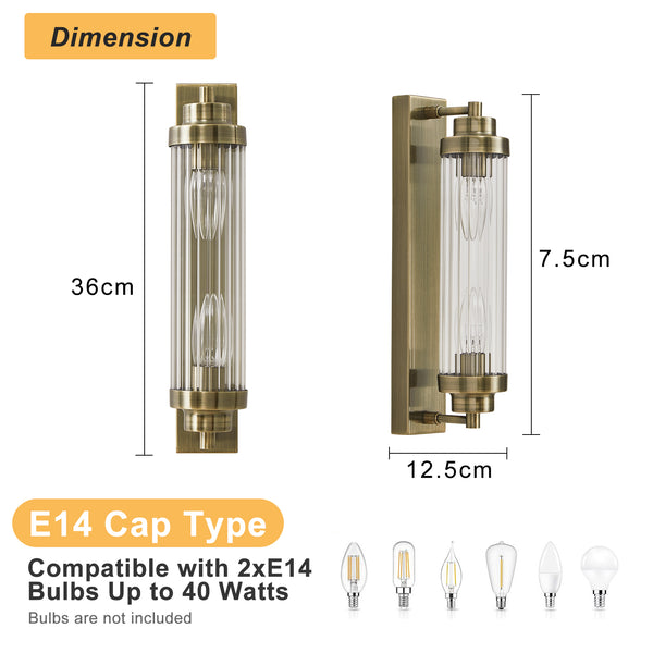 HARPER LIVING 2-Light Wall Light Antique Brass, IP44 Vintage Double E14 Wall Sconce Lights with Glass Shades