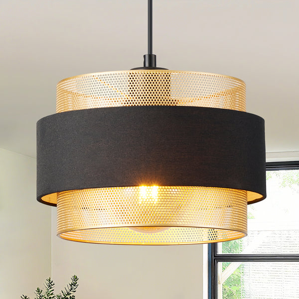 HARPER LIVING Modern Pendant Ceiling Light, Black Fabric & Gold Mesh Metal Shade, 122cm Height Adjustable Hanging Light