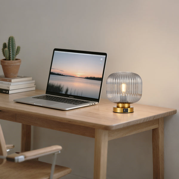 HARPER LIVING Table Lamp with USB-C & USB-A Charging Ports, Touch Control Dimmable E27 Desk Lamp, Smoked Glass Shade
