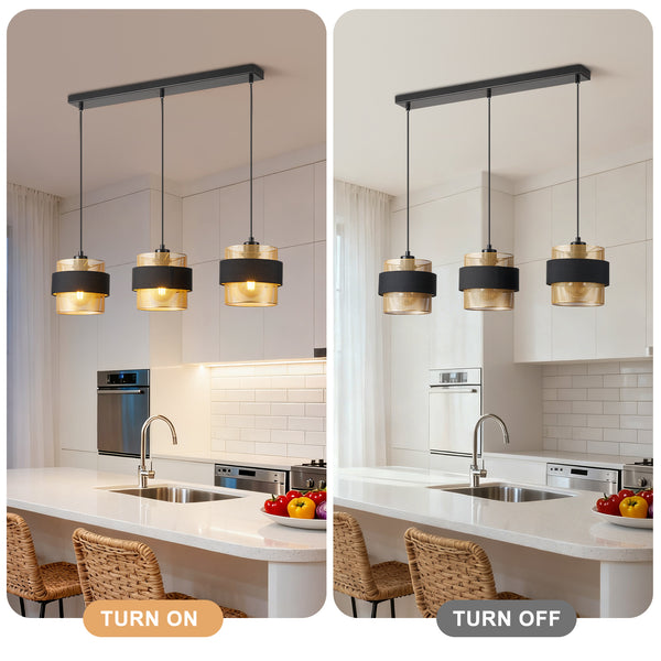 HARPER LIVING 3-Light Pendant Light, Kitchen Island Lighting - Black Fabric & Gold Mesh Metal Shade - Dining Room