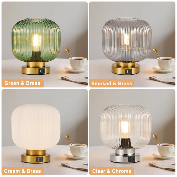 HARPER LIVING Table Lamp with USB-C & USB-A Charging Ports, Touch Control Dimmable E27 Desk Lamp, Smoked Glass Shade