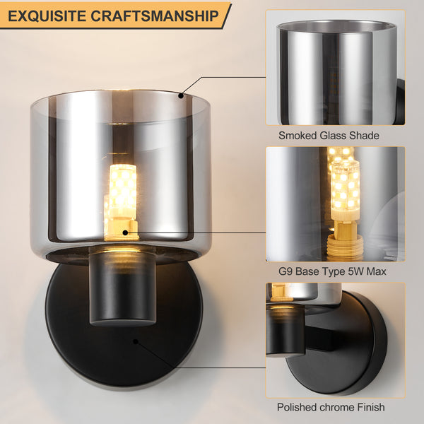 HARPER LIVING Modern Wall Light, Indoor Wall Lamp with Matt Black Finish & Smoked Glass Shade, Wall Sconce Lights