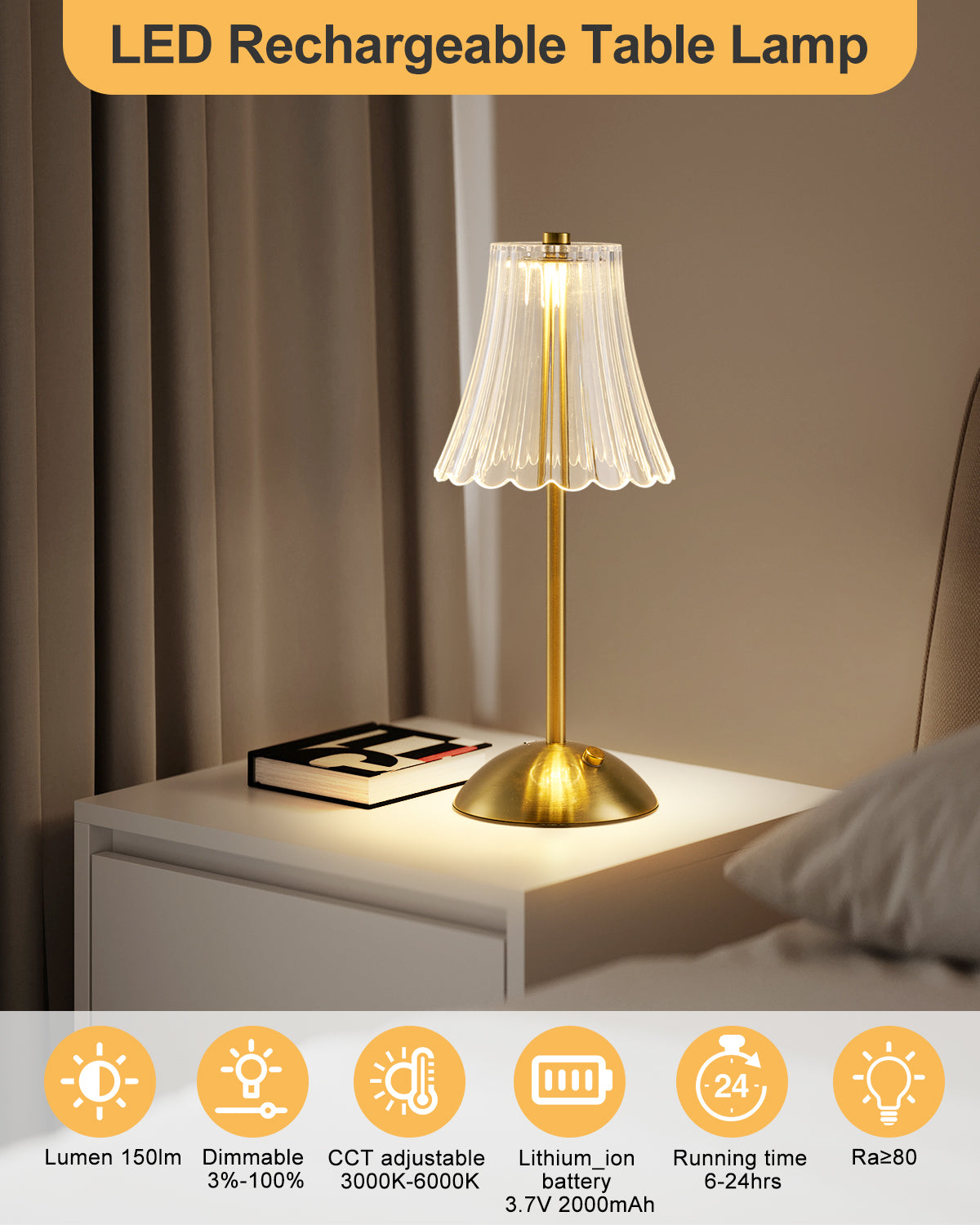 HARPER LIVING Rechargeable Table Lamp, Bedside Reading Light Polished Gold Finish, Cordless Touch Lamps, Bedroom, Living Room