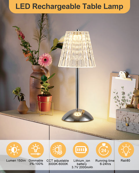HARPER LIVING Rechargeable Table Lamp, Bedside Reading Light Polished Chrome Finish, Cordless Touch Lamps for Bedroom Living Room