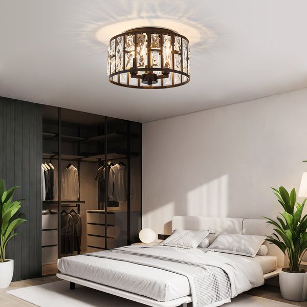 HARPER LIVING 3-Light Flush Ceiling Lights, Crystal Ceiling Lamp Matt Black Finish, 30cm Modern Chandelier Lighting