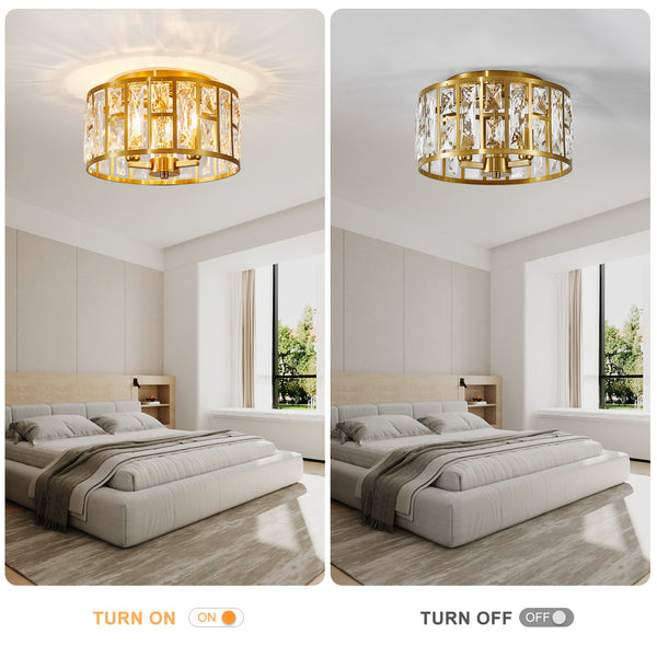 HARPER LIVING 3-Light Flush Ceiling Lights, Crystal Ceiling Lamp Brass Finish, 30cm Modern Chandelier Lighting