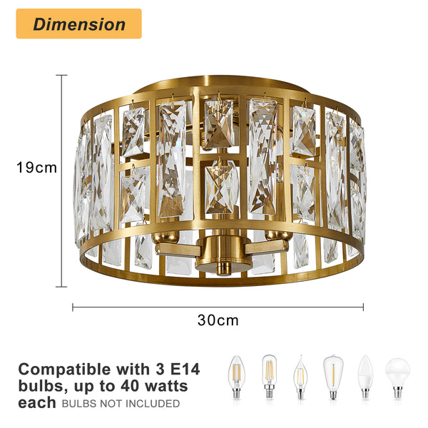 HARPER LIVING 3-Light Flush Ceiling Lights, Crystal Ceiling Lamp Brass Finish, 30cm Modern Chandelier Lighting