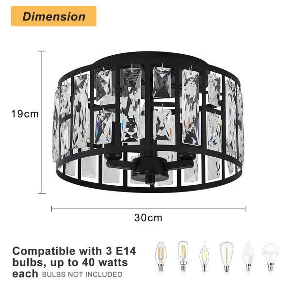 HARPER LIVING 3-Light Flush Ceiling Lights, Crystal Ceiling Lamp Matt Black Finish, 30cm Modern Chandelier Lighting