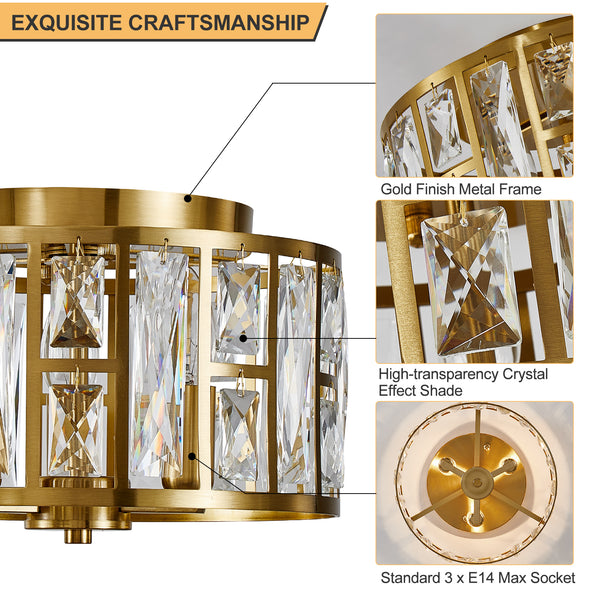 HARPER LIVING 3-Light Flush Ceiling Lights, Crystal Ceiling Lamp Brass Finish, 30cm Modern Chandelier Lighting