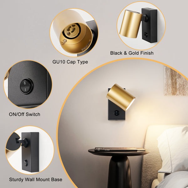 HARPER LIVING Adjustable Wall Spotlight with On/Off Switch, GU10 Rotatable Single Lamp - Matt Black & Gold Wall Light